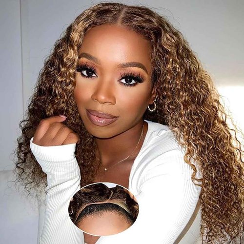 RUI MEI SI Glueless Wigs Human Hair Pre Plucked Pre Cut 4/27 Highlight Ombre Honey Blonde Curly Wigs Human Hair for Beginners 4x4 Deep Wave Lace Closure Glueless Wigs for Black Women 18 Inch
