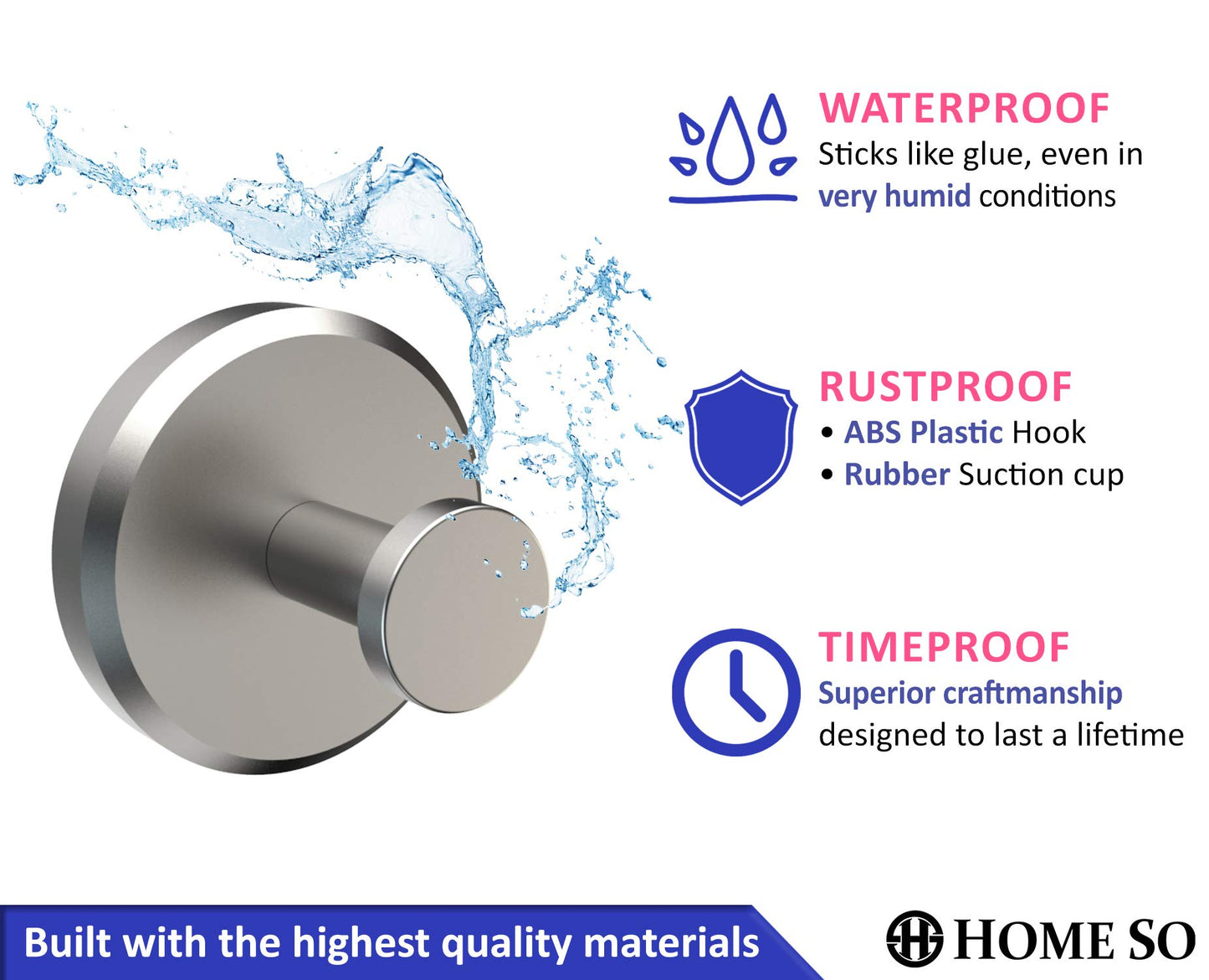 HOME SO Suction Cup Hooks for Shower, Bathroom, Kitchen, Glass Door, Mirror, Tile – Loofah, Towel, Coat, Bath Robe Hook Holder for Hanging up to 15 lbs – Polished Matte Chrome, Brushed Nickel (4-pack)