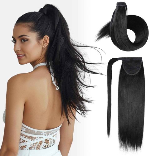 JIAMEISI Ponytail Extension Human Hair Wrap Around Clip in Hair Piece Straight Ponytail For Black Women with Magic Paste 90G(20 inch, Black #1)