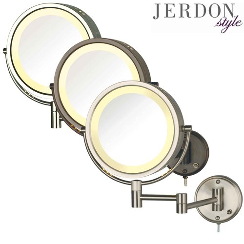 JERDON Wall-Mounted Makeup Mirror with LED Lighting - Lighted Makeup Mirror with 8X Magnification & Nickel Finish Wall Mount - Model HL75N