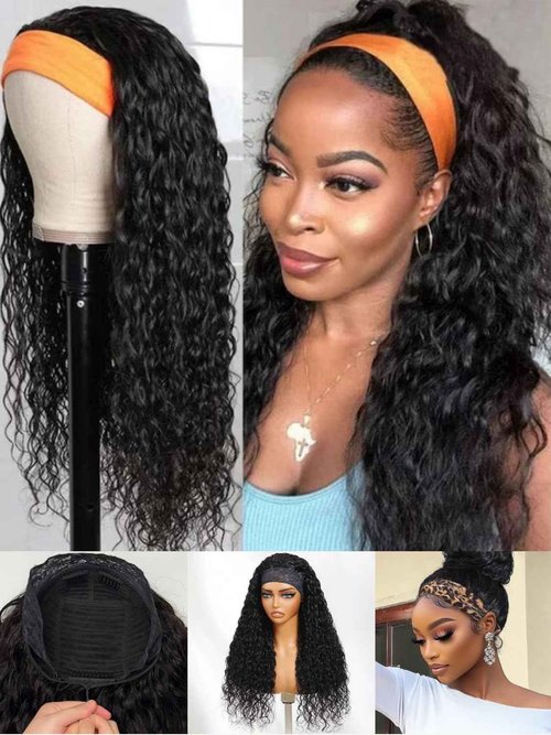 Nadula Water Wave Headband Wig Human Hair with Drawstring – Glueless HookFit Wet and Wavy Half Wig Beginner Friendly, Ready to Wear Clip in Half Wigs for Women Natural Black Color 16inch