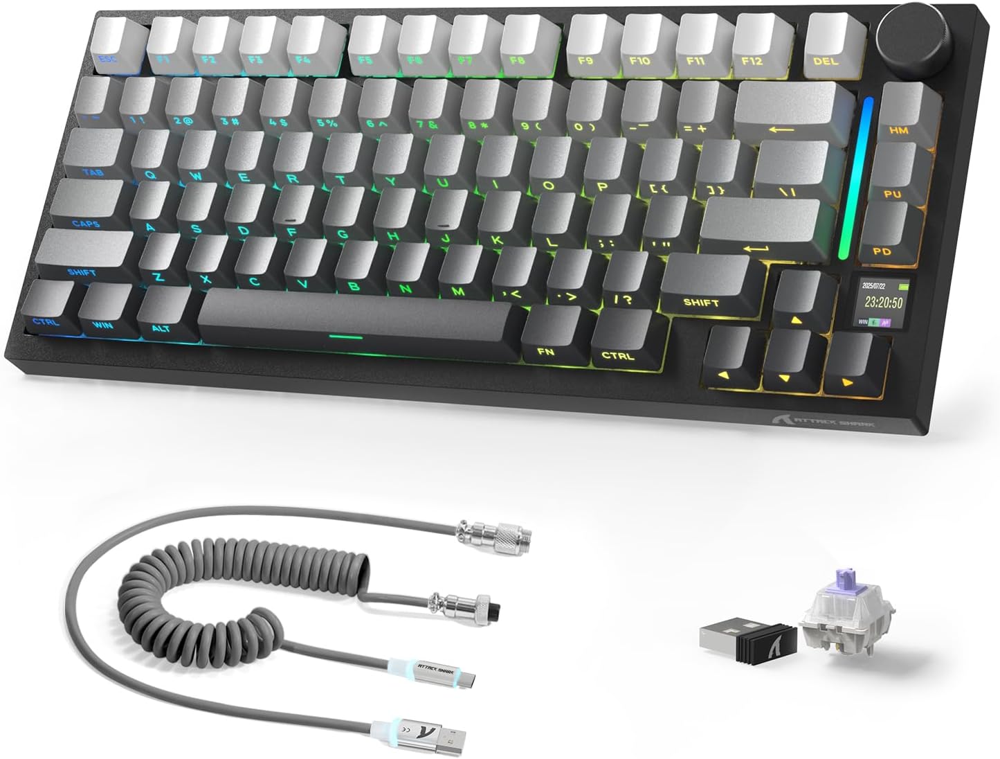 Attack Shark ajazz AK820 Pro 75% Mechanical Keyboard and Coiled Cable Hot Swappable Wireless 2.4GHz/Bluetooth/Wired TFT Screen & Knob Flying Fish Switch RGB Gasket Mount Custom Keyboard-Black
