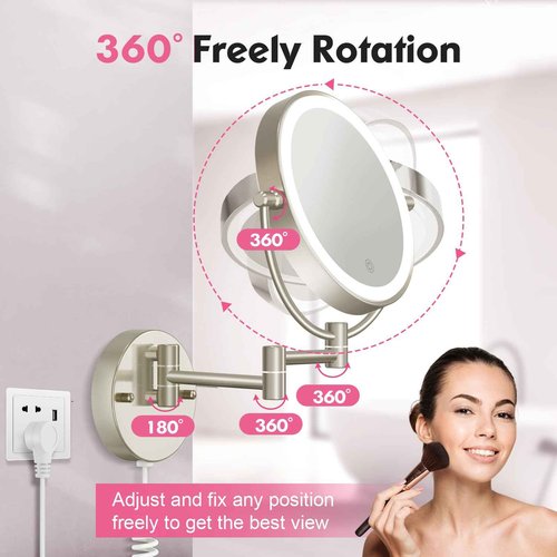 FASCINATE Upgraded Wall Mounted Makeup Mirror with Lights, Super Large Double Sided 1X/10X Magnifying Mirror for Bathroom, 360° Swivel Extendable Plug Touch Sensor Vanity Mirror