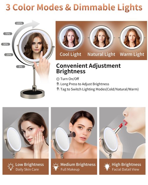 9" Lighted Makeup Mirror,1X/10X Magnifying Vanity Mirror with Height & Brightness Adjustable,Rechargable Makeup Mirror,360°Rotation Double Sided Standing Desk Mirror (Brush Nickel)