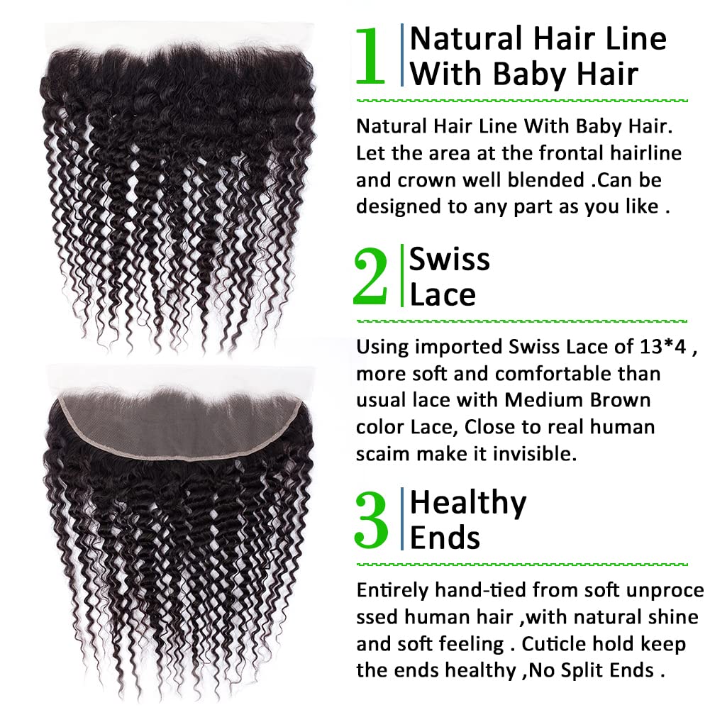 13x4 Lace Frontal Closure Deep Wave Regular HD Lace, 200% Density, 100% Brazilian Virgin Human Hair Ear to Ear HD Lace Frontal Pre Plucked with Baby Hair Natural Black Color 24 Inch