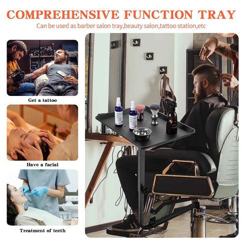 ZEYUEHUI Modern Salon Chair Tray, 360 Rotatable Metal, Black, Depth: 17.7 inches, Width: 28.3 inches, Height: 23.6 inches, Adjustable Height, Foldable Arm Rest, Hair Styling, Beauty Services