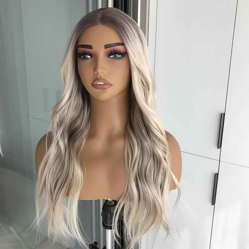 mytonecoo Highlight Blonde Wear and Go Glueless Wig Synthetic Lace Front Wigs for Women Body Wave Pre Cut Pre Plucked Lace Dirty Blonde Wig Medium Length 20inch Ready to Wear Wigs