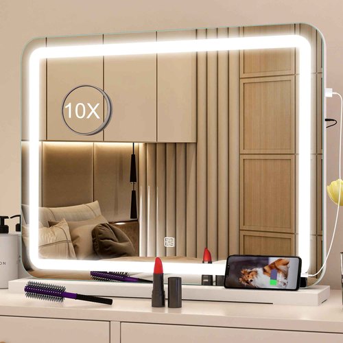 STARLEAD 22.8" x 18.2" Makeup Mirror with Lights and 10X Magnification, 3-Color Dimmable LED Lighting & Touch Control, USB Charging Port for Travel/Dressing Room