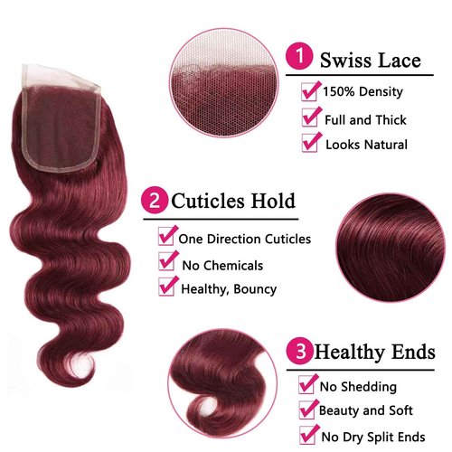 Teveshine Bundles Human Hair with Closure,99j Burgundy Body Wave Bundles with Closure Human Hair 12 14 16+12inch Free 10A Brazilian Remy Hair Body Wave