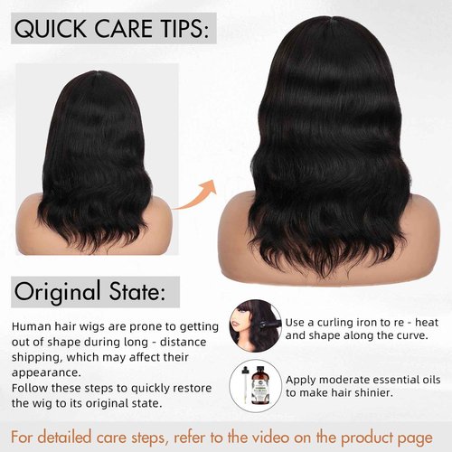 FAVE 14 Inches Human Hair Wig with Bangs Natural Wave Wig with Bangs Realistic 1×3 HD HD Lace Top,Natural Bangs and Color,Silk Texture