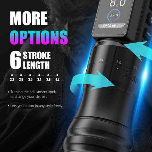 Kiss Of Dragon 'TRAVELER-T2' Cordless Tattoo Machine Adjustable Pen Strokes with 42mm Grip Pen Extra Professional 2000mAh Battery