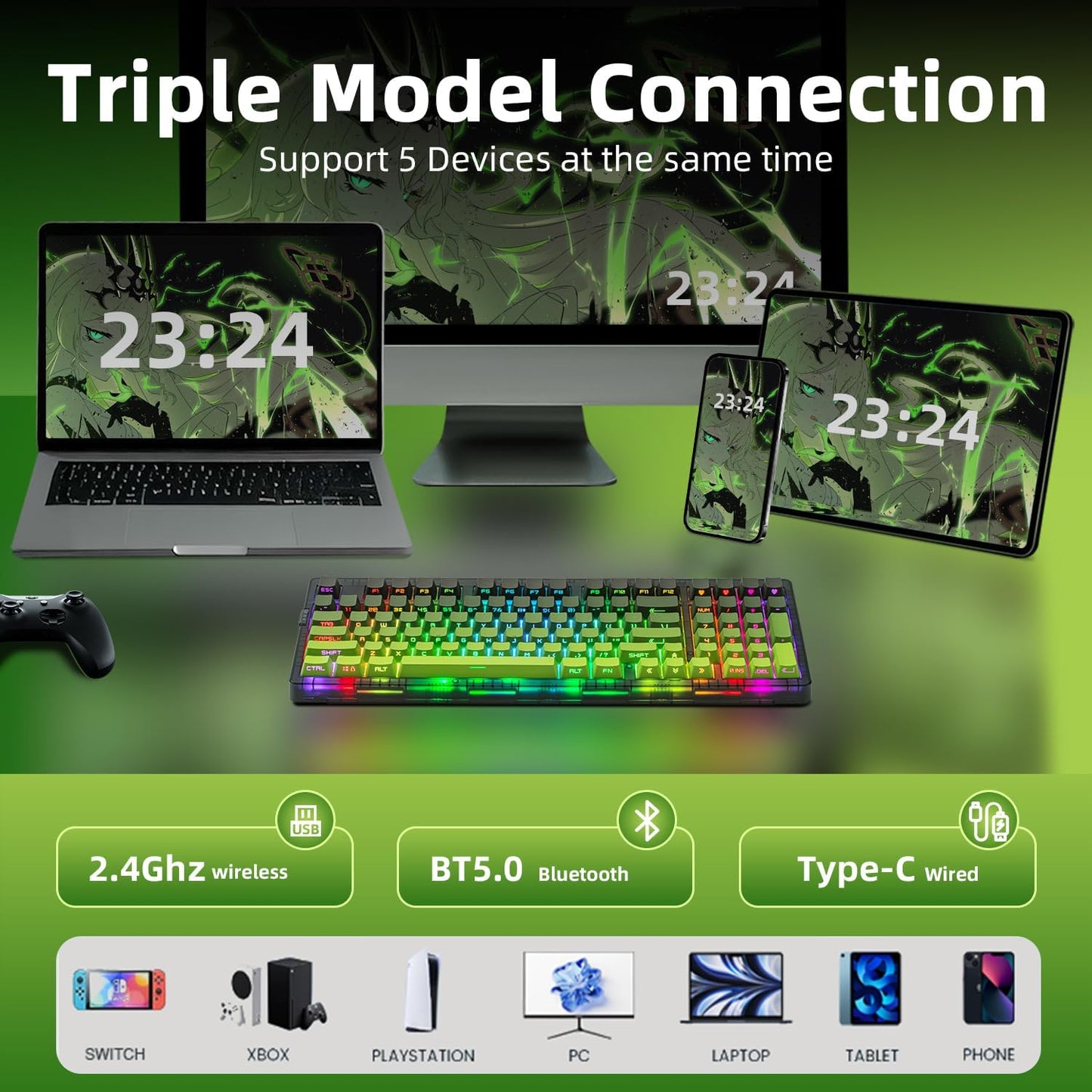 ZORNHER ZH980 Wireless Mechanical Gaming Keyboard,95% Green Hot-Swappable Custom Creamy Keyboard with Number Pad,Lighted Up PBT Keycaps,Pre-lubed Linear Switches,RGB Backlit,2.4GHz/USB-C/BT5.0