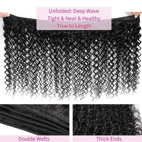 Deep Wave Bundles with Frontal 13x4 Lace Frontal With Bundles 100% Unprocessed Brazilian Hair Extensions Natural Color (Deep Wave 3+1, 18 20 22+16)