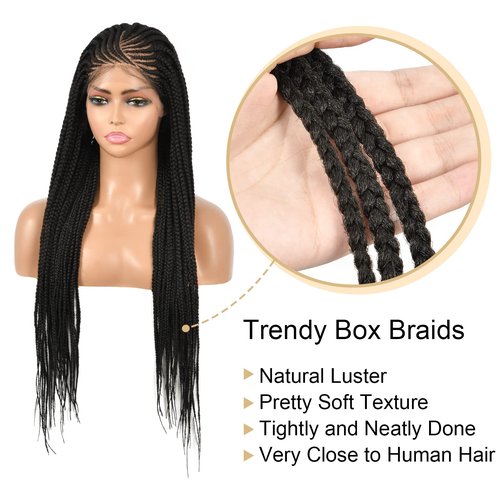 Beauart Brinbea 13X6 Lace Front Braided Wigs Black Box Braid Wig with Baby Hair Lace Frontal Cornrow Braided Wigs Premium Synthetic Braid Hair Wigs for Women 30 inch
