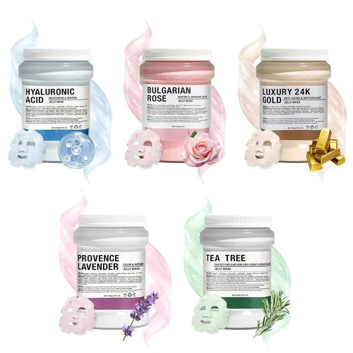 Fokiabin Jelly Mask for Facials Professional Hydrating Deep Cleaning Face Mask Set - 115Fl Oz 5 Treatments (Hyaluronic Acid,Bulgari Rose,24K Gold,Lavender Essence,Tea tree)