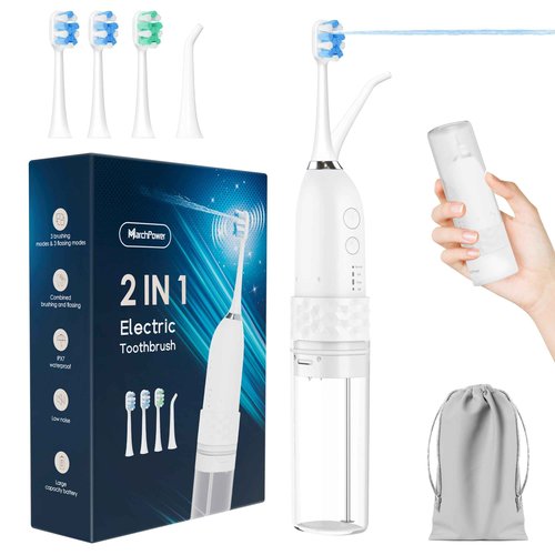 Upgraded 2-in-1 Electric Toothbrush with Water Flosser 2.0 – Ultrasonic Brushing with Built-in Water Outlet, 3+4 Modes with Point-Jet, Portable Oral Irrigator, IPX7 Waterproof, for Travel & Home