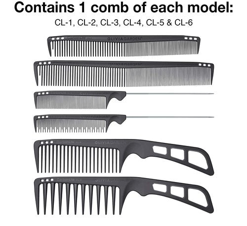 Olivia Garden CarbonLite carbon comb 6-pc pouch: 1 x CL-1, 1 x CL-2, 1 x CL-3, 1 x CL-4, 1 x CL-5, 1 x CL-6
