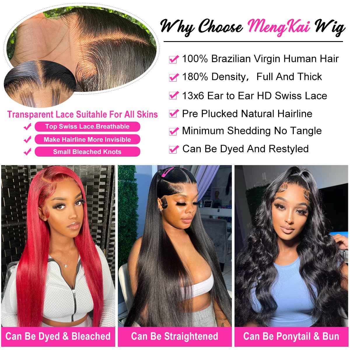 mengkai 13X6 Straight Lace Front Wigs Human Hair Pre Plucked with Baby Hair 13x6 HD Transparent Lace Frontal Wigs Human Hair 180% Density Straight Human Hair Wig for Women 30 Inch Glueless Wigs