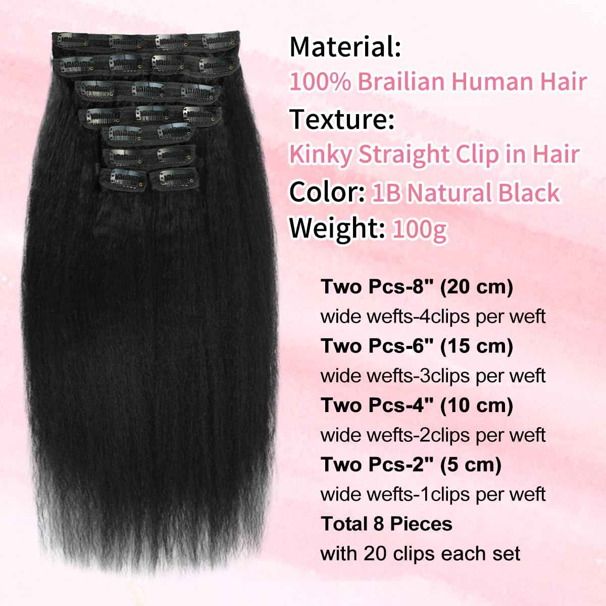 Kinky Straight Clip in Hair Extensions Human Hair for Black Women 8A Brazilian Yaki Real Hair Extensions Clip in Human Hair Full Head Natural Color 8pcs 20 Clips 110g/Set (16 inch)