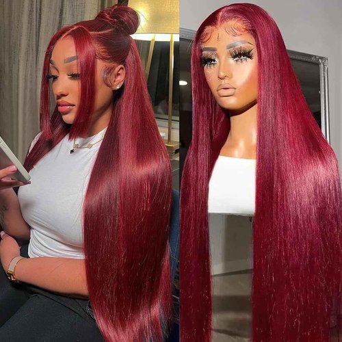 AUOU 32 Inch 99j Burgundy Lace Front Wigs Human Hair Pre Plucked Straight 13x4 HD Lace Front Wigs Human Hair 200% Density Glueless Red Color Frontal Wigs Human Hair for Women