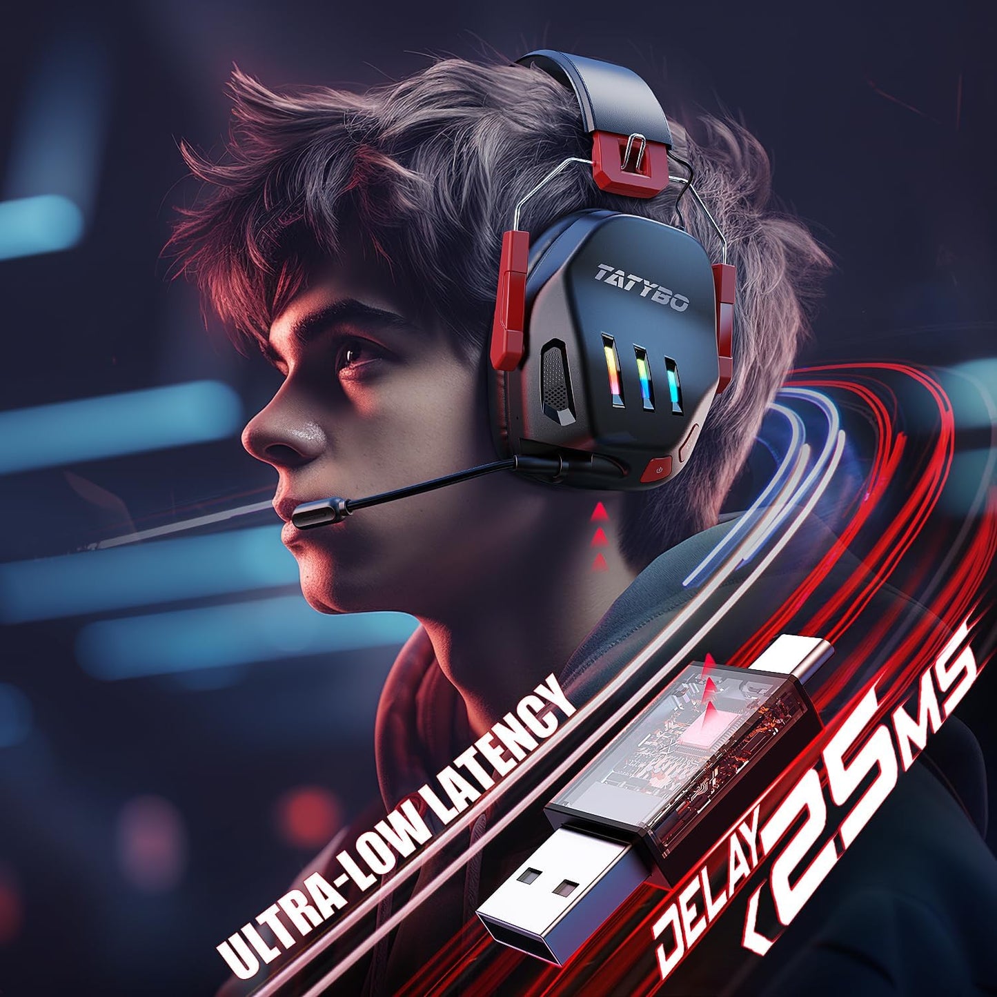 2.4GHz Wireless Gaming Headset for PC, PS4, PS5, Switch,7.1 Stereo Sound Bluetooth 5.3 Gaming Headset with Detachable Noise Cancelling Microphone for Laptop, Mobile