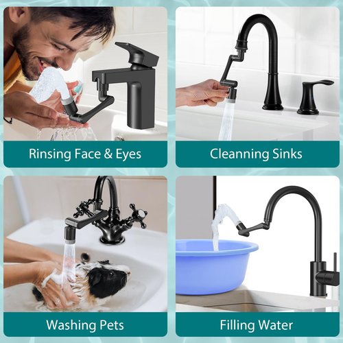 CECEFIN 1440° Rotating-Faucet-Extender Sink Aerator - 1080°+360° Large-Angle Splash Tap Extension with 2 Water Outlet, Swivel Multifunctional Robotic Arm for Kitchen/Bathroom, Black