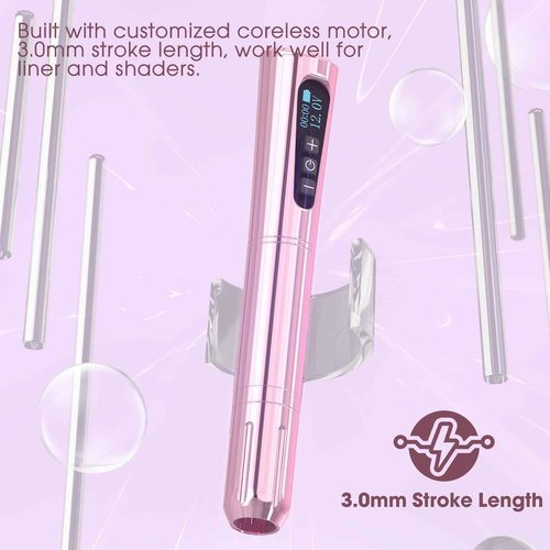 POPUPMU Tattoo Machine Kit - Wireless Tattoo Pen 3.0mm Stroke Length 800mAh Coreless Motor Rotary Gun Pen Set with Lining Needles Round Liner 18Pcs for Tattoo Beginner Artist Pink(NORA)