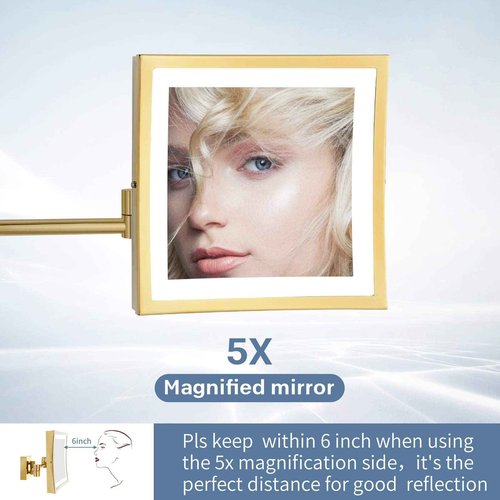 DOWRY Wall Mounted LED Lighted 5X Magnifying Square Makeup Mirror with Plug,8 Inch, Polished Gold Finished Dowry1802D-8x5
