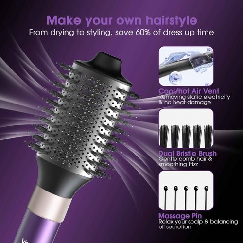 Vincofy 7 in 1 Blow Dryer Brush and Hair Dryer, Hot Hair Styler with Negative Ion 110,000 RPM Hair Straightener Brush for Fast Drying Straightening Curling Voluming, Suitable for All Types,Purple