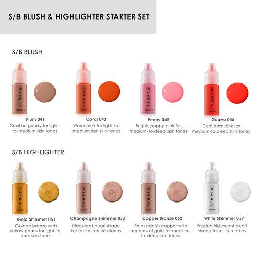 TEMPTU S/B Airbrush Blush & Highlighter Starter Set Long-Wear Makeup, Dewy Buildable Formula Brightens Complexion, All Skin Types, Includes 4 Blushes & 4 Highlighters