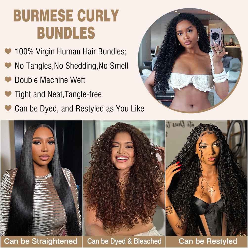 3C4A Burmese Curly Bundles Human Hair 18 20 22 Inch 12A Unprocessed Virgin Human Hair Water Wave Bundles with Spiral End Quick Weave Remy Hair Natural Color for Women