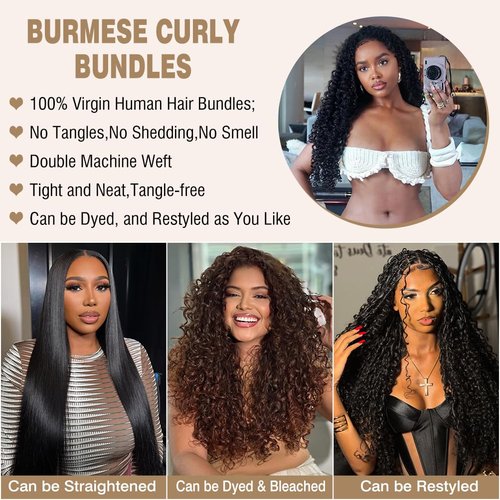 Burmese Curly Bundles Human Hair 14 16 18 Inch Water Wave Human Hair 3 Bundles 100% Unprocessed 3C4A Curly Virgin Remy Hair Quick Weave Natural Color for Women