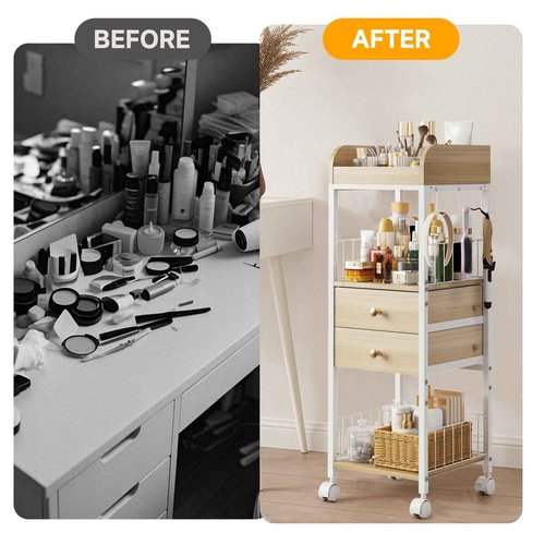 DongRong Makeup Organizer Cart, Rolling Floor Skincare Organizer and Storage with 2 Wooden Drawers, Cosmetics Display Cases Holder for Skin Care Perfume Hair Tools Nail Polish