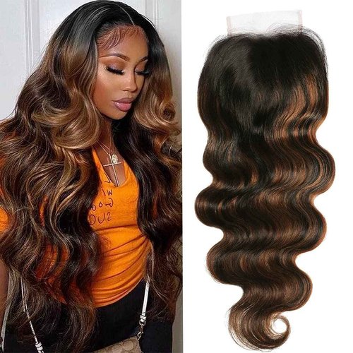 UNICE Ombre Highlight Body Wave 4x4 Lace Closure Free Part, Brown Human Hair Wavy Closure with Dark Roots FB30 Color 14 inch