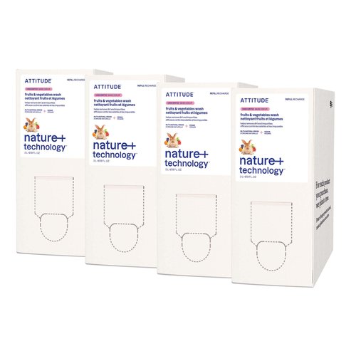 ATTITUDE Fruit & Vegetable Wash Refill, Food-Safe Produce Wash, Removes Dirt & Residue, Vegan & Plant-Based Ingredients, Unscented, 67.6 Fl Oz (Pack of 4)