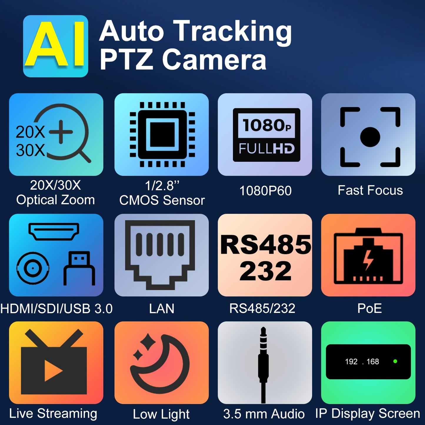 zowietek PTZ Camera, AI Auto Tracking 1080P60 PoE, 20X Optical Zoom, 3G-SDI HDMI USB3.0 LAN, Live Streaming for Church Meeting Education Sport Hospital Wedding