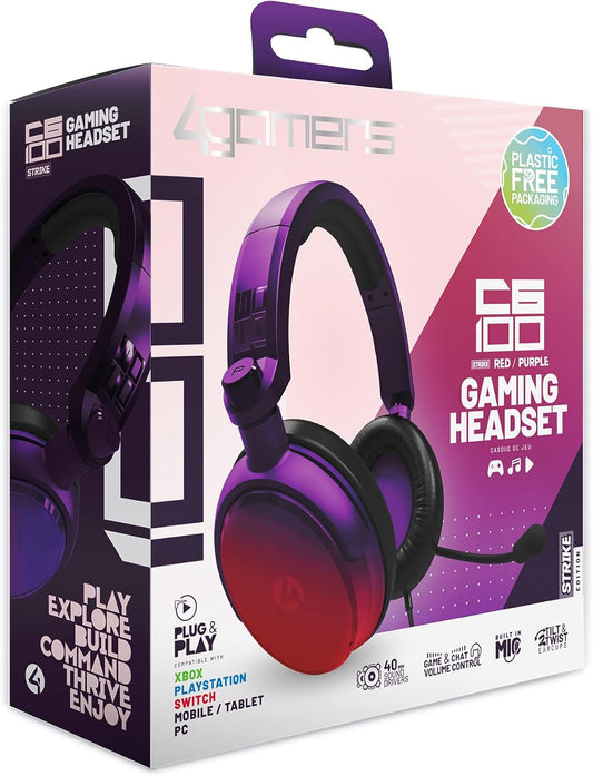 4Gamers C6-100 Gaming Headset Strike - Red & Purple, Compatible with Xbox, PS4, PS5, Switch, PC, Mobile and Tablet