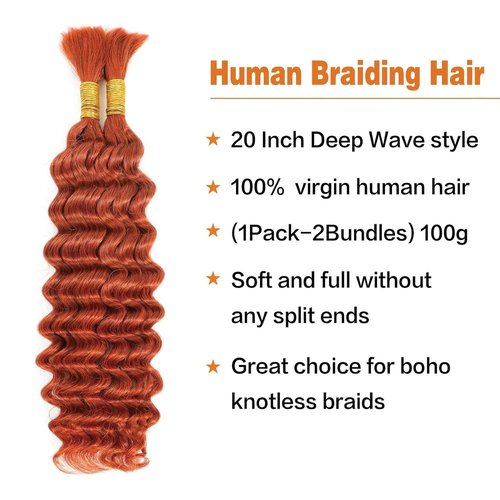 Aikebi Curly Braiding Human Hair 100g 20 Inch Ginger Orange 350 Deep Water Wave Bulk Human Hair for Braiding No Weft Brazilian Virgin Deep Curly Human Hair Extensions for Boho Braids