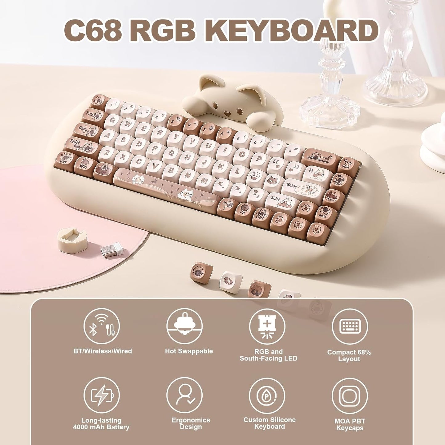 YUNZII C68 Wireless Mechanical Keyboard,65% Layout,Hot Swap,Triple Mode BT5.0/2.4G/Wired, RGB Backlit NKRO,Cute Cat Silicone Ergonomic Design for Win/Mac (Pink, Milk Switch)