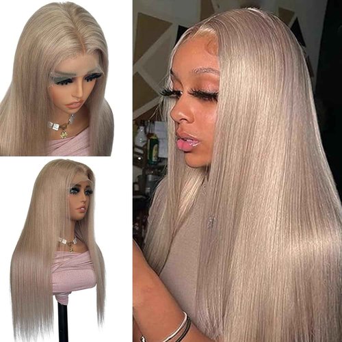 Ash Blonde Wig Human Hair 13x6 Transparent Lace Front Wigs Human Hair 180% Density Ash Blonde Straight Lace Front Wigs for Black Women Pre Plucked Colored HD Lace Frontal Wig 20 Inch