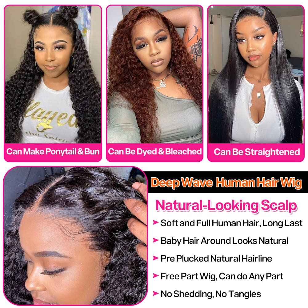 180 Density 13x4 HD Lace Front Wigs Human Hair Pre Plucked with Baby Hair Transparent Glueless Brazilian Deep Wave Frontal Wigs for Women Natural Black Color22 inch