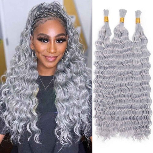 Ubinica Grey Deep Wave Braiding Human Hair 2 Bundles Total 100g 18 Inch Deep Wave Bulk Braiding Hair for Boho Braids