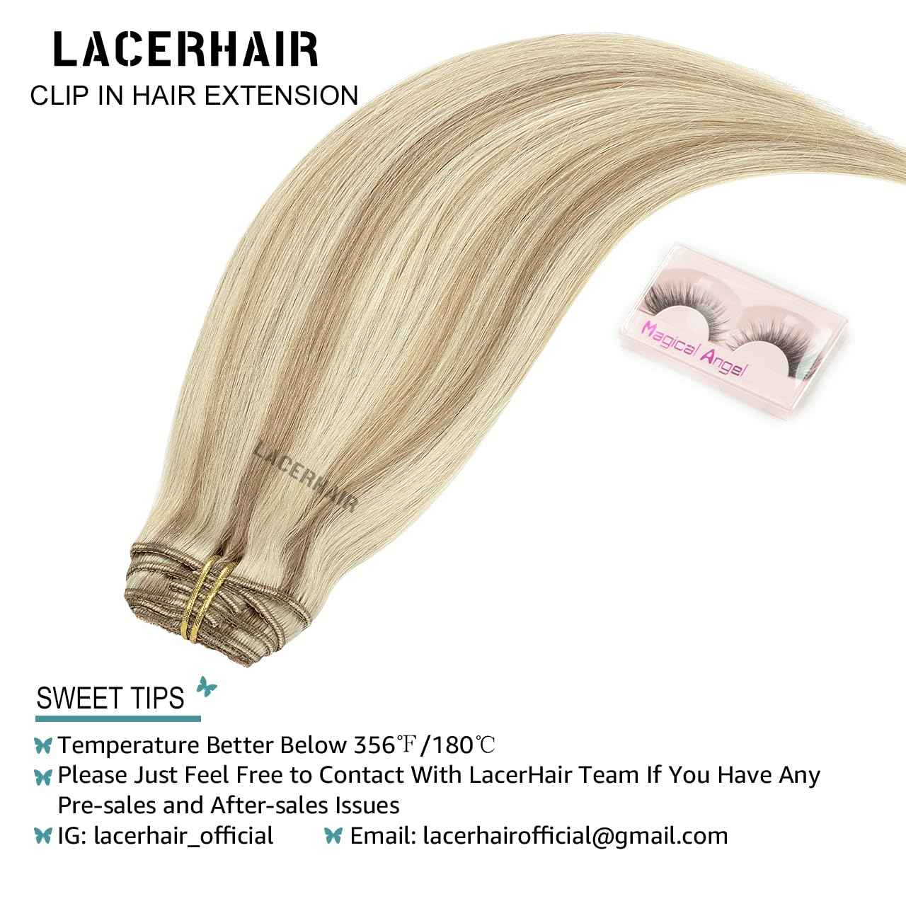 Lacer Clip In Hair Extensions Real Human Hair 20 Inch Light Brown Highlighted Platinum Blonde Thick Silky Straight Remy Human Hair Clip in Extensions 7 Pieces 120 Gram