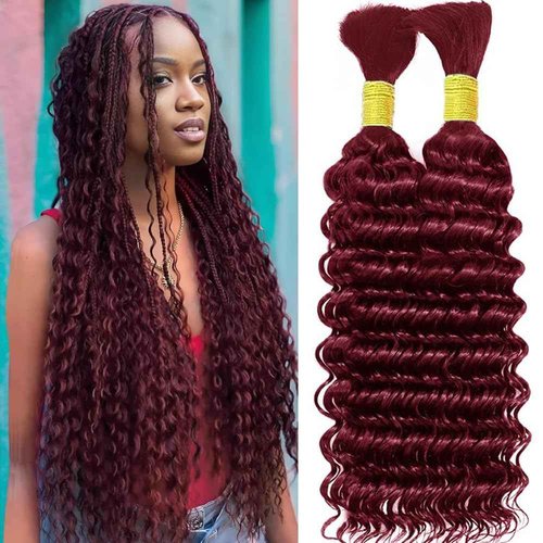 Ubinica Color Burgundy Deep Wave Human Braiding Hair for Boho Braids 2 Bundles Total 100g 24 Inch Deep Wave Bulk Braiding Hair for Boho Braids