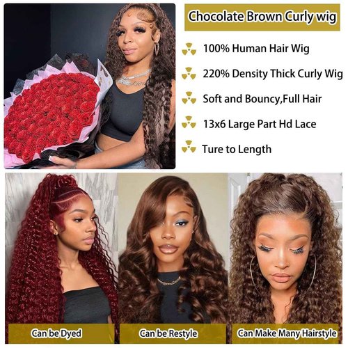 BIANFA 13x6 Deep Wave Lace Front Wigs Human Hair Chocolate Brown 220 Density HD Lace Front Wigs Human Hair Curly Wig Pre Plucked Human Hair Glueless Frontal Wigs (18inch)