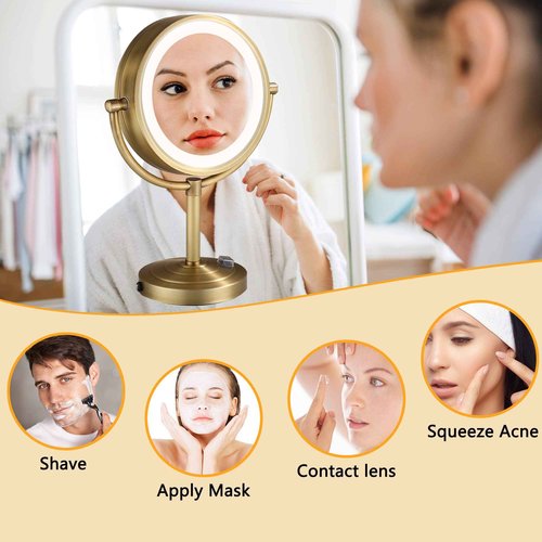 Cavoli 8.5 inch LED Makeup Mirror with 10X Magnification,has Three Colors Lights,Extendable Bathroom Mirror,Tabletop Two-Sided, Antique Brass Finish (Antique Brass, 10x Magnification)