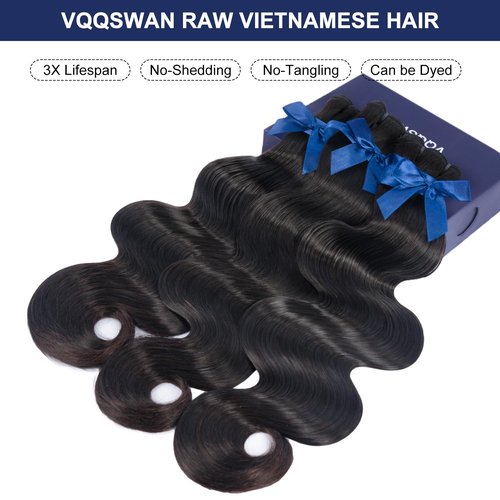 VQQSWAN Raw Bundles Human Hair Body Wave, Bleachable & Dyeable, No Shedding, No Tangles, 15A Raw Vietnamese Hair Bundles, 14 Inch, 3X Longer Lifespan