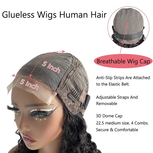 Glueless Wigs Human Hair Deep Wave Wigs Human hair Glueless Wear And Go 5x5 HD Lace Closur Wigs For Black Women (Curly wig, 24 Inch)