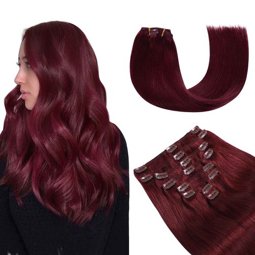 YILITE Hair Extensions Clip in Human Hair 8Pcs 120Gram/Pack Burgundy Silky Remy Human Hair Double Weft Straight Real Hair Extensions Clip ins Thick (18inches #99J Burgundy）