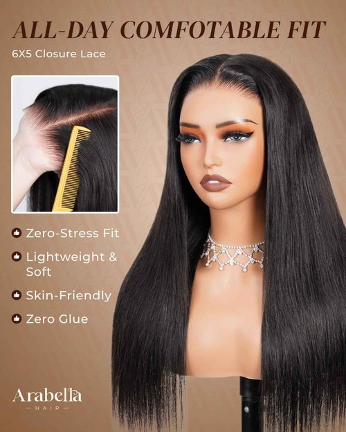 Arabella Hair 5x6 Glueless Human Hair Wig Pre Plucked Pre Cut 210% Density Natural Color 12a Bleached Knots Drawstring Straight Wig for Women HD Transparent Lace Frontal Human Hair Wigs 20 Inch